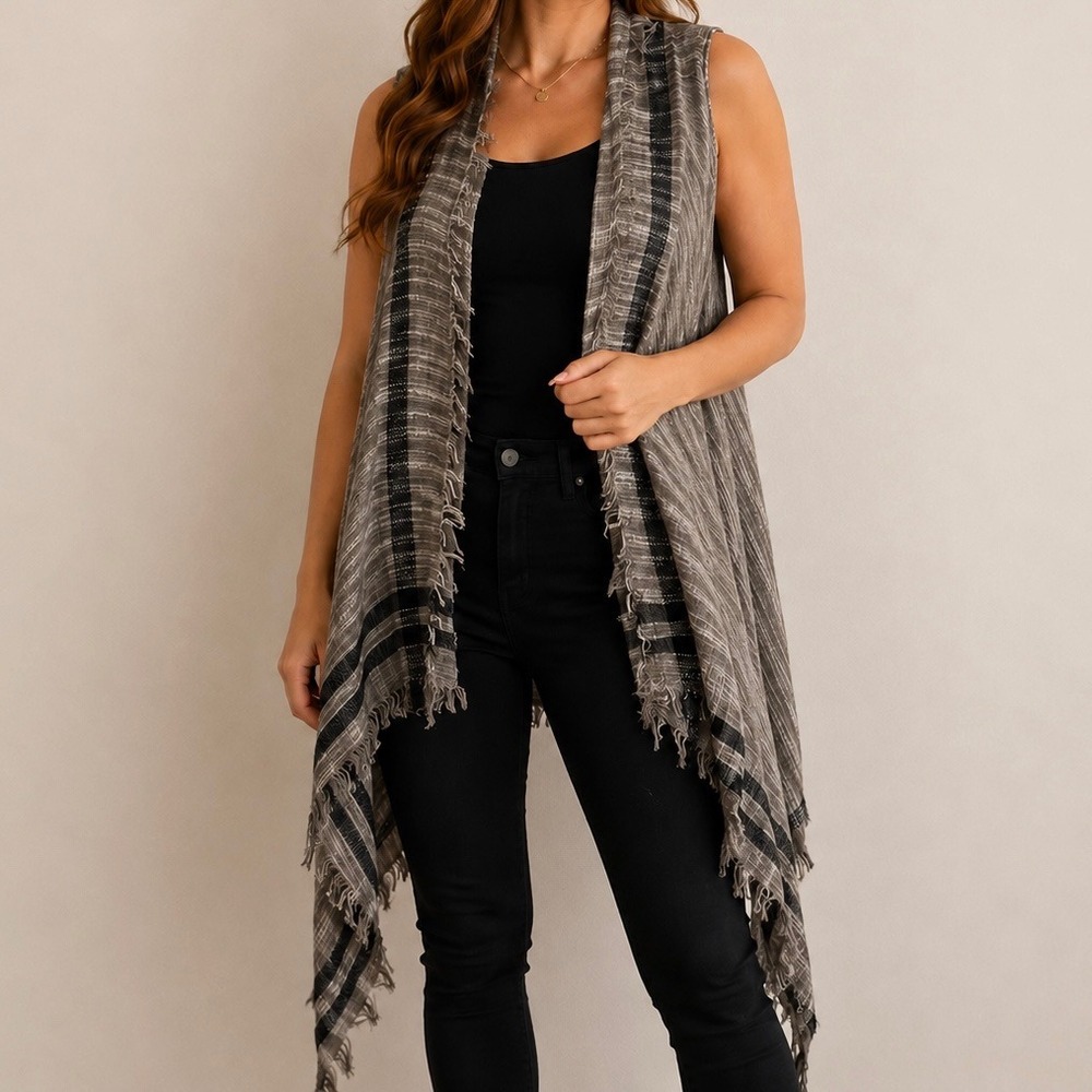 Marcus Adler New York Boho Open Front Fringe Vest Wrap Cardigan OS Taupe Striped